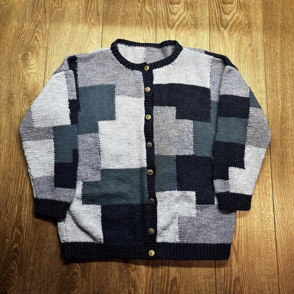 Vintage Hand‎ Knit Checkered Knit Cardigan Large Wool Pastel Cute Cozy Sweater